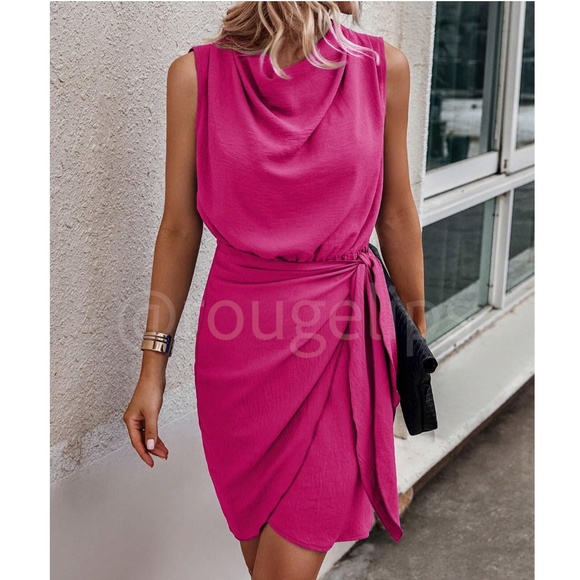 Rouge! Dresses & Skirts - Hot Pink Crinkle Mini Dress Draped Neck Wrap Overlapping Side Tie Skirt